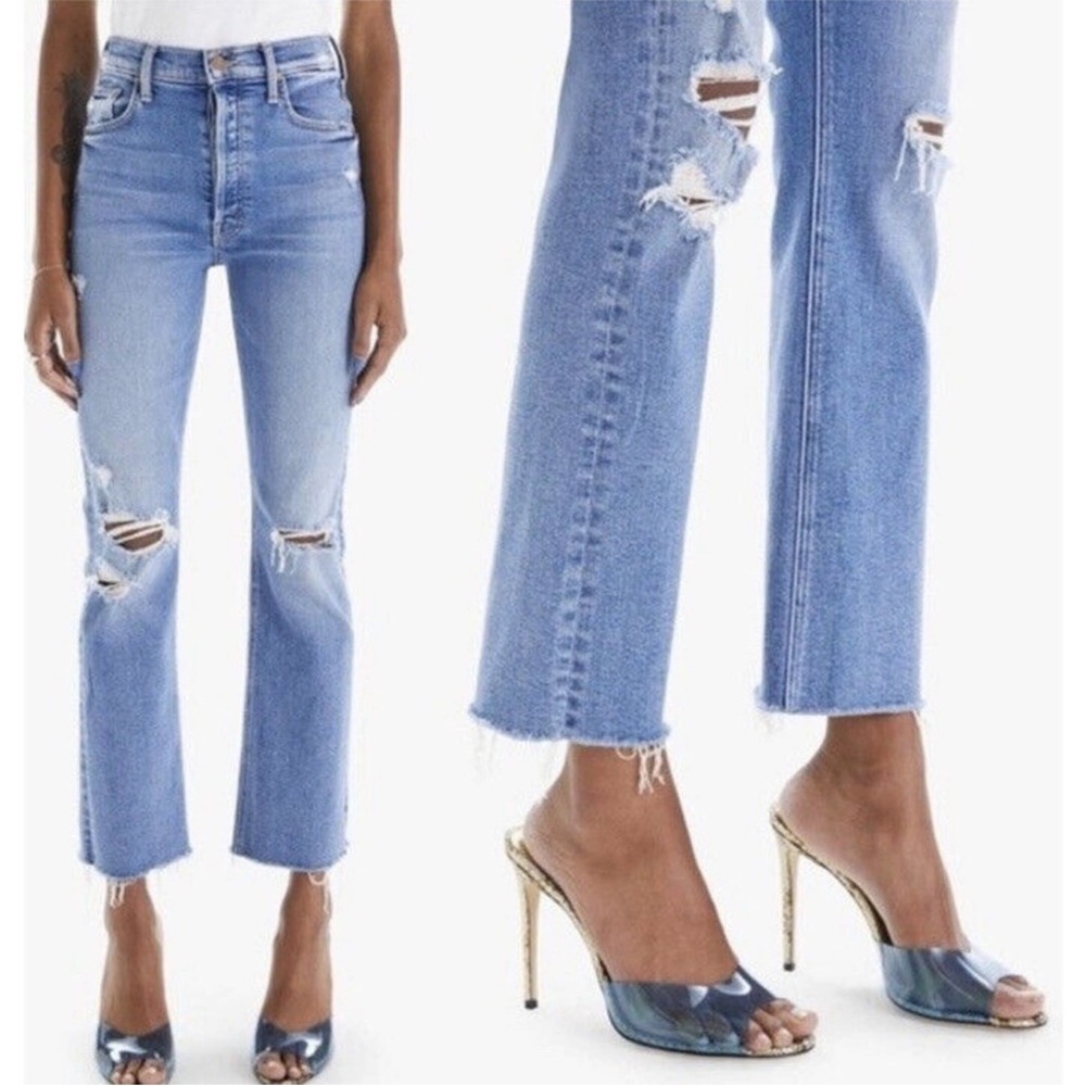 MOTHER The Tripper Ankle Fray  Blue Distressed Straight Leg Jeans